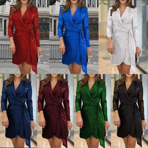 Casual Dresses Womens Sparkly Sequin Short Evening Dress V Neck Chic Tassel Long Sleeve Solid Silver Female Wedding Sexy For Women