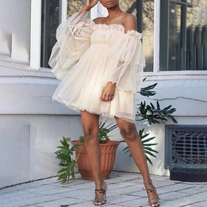 Casual Dresses Women's Romantic Off-the-Shoulder Ruffled Long Sleeve Wedding Pleated Mesh Party Mini Dress