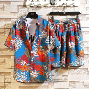 Plus Size Casual Tracksuit Men Summer Two Piece Sets Hawaiian Beach Flower Printed Shirt Short Sleeve Set Mens Loose Shirts Shorts 2 Pieces Sports Mens Outifts M-5XL