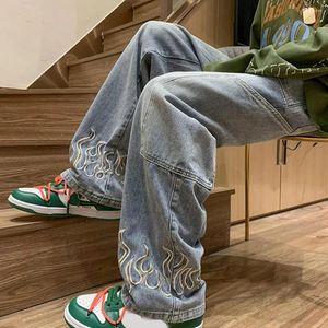 Men's Jeans Men Splicing Waist Flame Patterned Casual With Big Pockets Distressed Design Wide Leg Denim Trousers For High