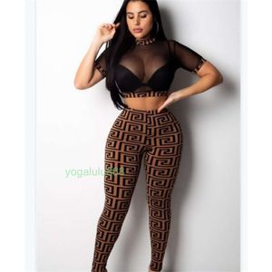 Summer Autumn Tracksuits Women Sexy Sheer Plaid 2pc Pantsuit Stretchy Neck Long Sleeve Crop Top High Waist Slim Pant Party Two Piece Outfits