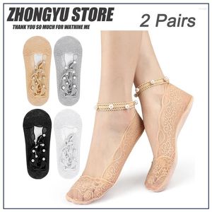 Donne calzini 2 coppie da donna in pizzo perle da ballerina traspirante non slip trasparente in cristallo casual estate