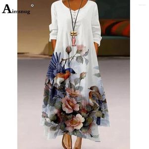 Vestidos casuais Mulheres mangas compridas vestido elegante de meia panela de tamanho grande Boho Flower Print Female High Cut A-line Roupas 2024