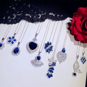 Naszyjniki wisiorki dla kobiet solidne 925 srebrny szafir niebieski sześcienna cyrkonia luksusowa drobna biżuteria łańcuch klawałowy Wysoka jakość Q05317474980