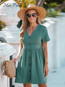 Basic Casual Dresses Cotton Button Front V-neck Mini Dress For Women Sexy Short Sleeve Beach Holiday A-line Dress 2023 Summer Female Sundress 240419