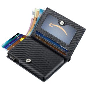 Wallets Men Credit Card Holder Slim Fit Pop Up Metal Wallet with Rfid Blocking Minimalist Carbon Fiber Leather Wallet