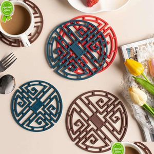 Mats Pads Sile Insated Meal Mat Chinese Style Hollow Out Table Decor Tea Cup Wear Resistant Anti Slip Bowl Kitchen Supplies Drop D Dhrvl