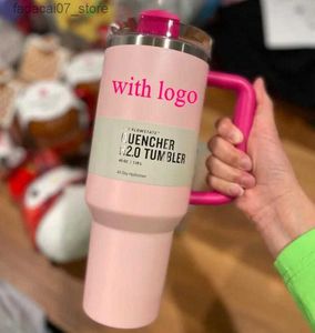 Kupalar çikolata altın pembe flamingo söndürücü h2.0 40oz tumbler silikon saplı kapak ve saman 2. nesil araba kupaları soğuk su şişeleri tutun q240419