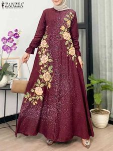 Abbigliamento etnico Women Women Floral Stampato Muslim Fashion Mleeve Long Maxi Vestidos Robe ISIAMIC ZANZEA EID MUBAREK Sundazione Elegante Abaya D240419