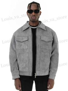 Męskie kurtki Vintage High Strt zamszowe materialne materiał z zamkiem Lapel Casual Short Jacket dla mężczyzn T240419