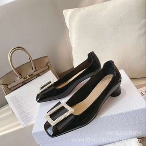 Shoes Ladies Style Shallow Mouth Single Women's Thick Heels Lacquer Leather Square Button Head Low Heel Small