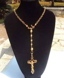Loyal women Cool pendant Fine Yellow 18 k Solid gold Filled Holy Rosary Jesus Wide Beads Chain necklace Fixed Ensemble285S2710002