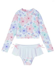 Clothing Sets Kid Girls Two Piece Swimwear Floral Print Long Sleeve Swim Tops Bikini Bottoms With Ruffle And Bowknot Bathing Suit Summer