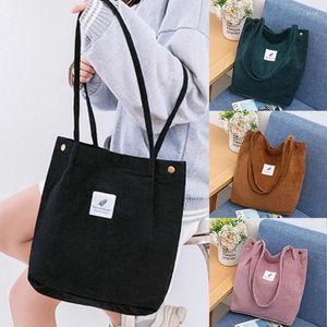 Drawstring Corduroy Shoulder Bag For Women Cotton Cloth Versatile Handbag Solid Color Eco Shopping 2024 Ladies Reusable Totes Bags