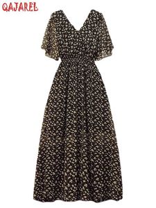Podstawowe sukienki swobodne 2024 Nowy szyfonowy kwiatowy vintage swobodny sukienka Summer Black Bodycon Druku
