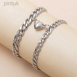 Chain JWER 2Pcs/set Magnet Couple Bracelets Heart Attraction Bracelet Stainless Steel Charm Simple Cuban Chains Key Lock Jewelry Gifts d240419