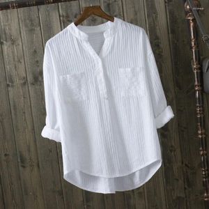 Bluzki damskie bawełniane białe koszulę topy mejr biuro Koreańskie luźne, swobodne pionowe koszule w dekolcie