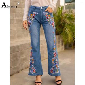 Frauen Jeans Plus Size 4xl Boho Blume Stickhose Frauen Denim hohe Taille Flare Hosen Ladies Streetwear