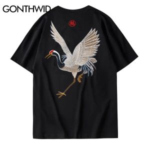 티셔츠 gonthwid haruku 자수 크레인 티 셔츠 셔츠 남성 2023 힙합 스트리트웨어 tshirts 여름 패션 캐주얼 짧은 슬리브 탑 남성