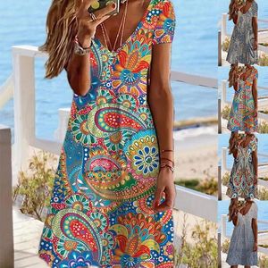 Vår- och sommaren stor storlek Womens V Neck Etnic Print Dress 717