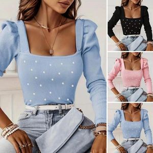 Damenblusen T-Shirt für Frauen Spring Top mit niedrigem Quadrat Nackenminderer Farbe Schlanke Fit Elastic Long Sleeve Bubble Lady Bluse Pullover