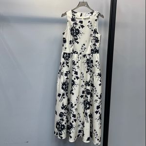 Damenkleid weiße blumige gedruckte Crew Neck ärmellose gesammelte Taillenweste Midi Kleid