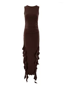 Vestidos casuais Mulheres S Maxi Tank Dress Solid Color Trineless Crew Neck Ruched Ruffle High Slit Slim Fit