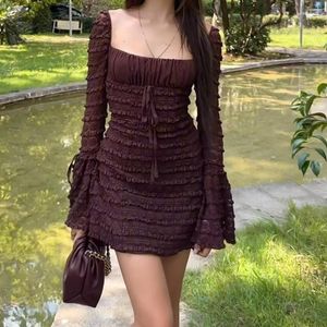 Casual Dresses Fall Arrived Bell Sleeve Lace Square Collar Long Dress Women Sexy Low-Cut Cinched Shoelace Texture Short Skirt