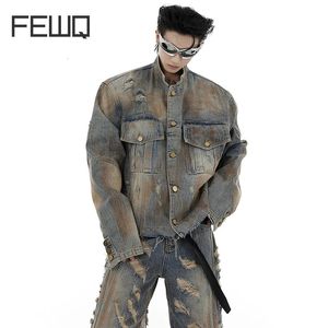 Fewq Nicho Destruição Jaqueta Jaqueta Vintage Micro Horn Jeans Ripped Jeans Stand Stand Collar Moda 24x1352 240415