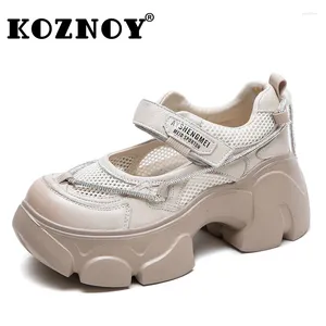 Dress Shoes Koznoy 6.5cm Air Mesh Ethnic Genuine Leather Mary Jane Hook Summer Round High Heels Bling Women Platform Wedge Fashion