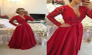 Elegant aline vneck aftonklänningar prom klänning pärlor golvlängd se genom röd spets chiffong långa ärmar långfest formell ba5323601
