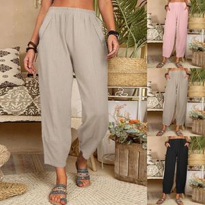 Frauenhose Frauen weich bequemer lässig mit Taschen elastische Taille Baumwollwäsche Vintage Harem Wide -Bein Hosen Jogger