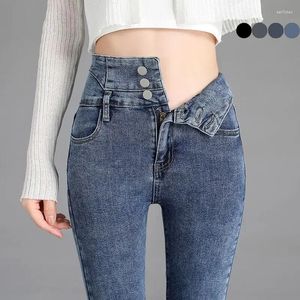 Kvinnors jeans högkvalitativa vintage högmästare stretch mager mode knapp blyerts byxor mamma avslappnad