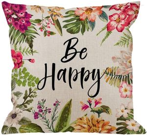 枕カラフルな花と幸せな引用コットンリネンカバーマン/女性のための家の装飾的なスロー