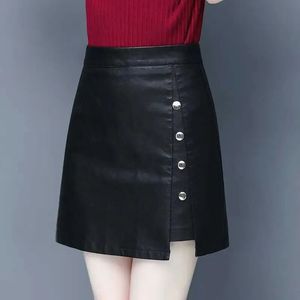 春の秋のボタンパッチワークA-LineHalf Skirtブラックオールマッチハイウエストソリッドヒップビンテージエレガントな女性服240418
