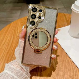 Cell Phone Cases Luxury Flash Mirror Magsafe Bracket Housing for Samsung S24 Ultra Galaxy S23 S22 Ultra Plus Diamond Bumper Coated Transparent Cover J240418