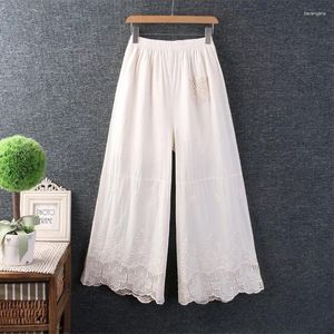 Calça feminina japonesa Mori Girl Hollow Out Lace Bordery Wide Women Women Summer Spring Cotton Linen Casual Loose