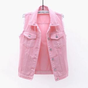 Frauen große Größe 6xl Denim Weste ärmellose Weste Coat Students Casual Tops Jeans Jacken rot rosa lila gelbblau weiß weiß240416