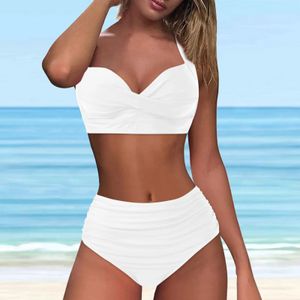 Retro Twist Kadın Mayo Düz Renk Yüksek Bel Twopiece Mayo Yular Bikinis Setleri Düzenli Beach Giyim Biquinis Feminino 240412