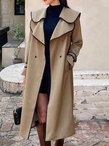 Women's Trench Coats Ruffle Lapel Contrast With Waistband Windbreaker For Women Long Sleeve Elegant Coat 2024 Autumn Winter X633