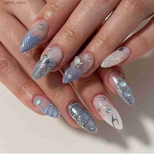 False Nails 24pcs ocean 3D mermaid bubble beads design almond press on nails stiletto false nails with glue Peach love French stick on nails Y240419