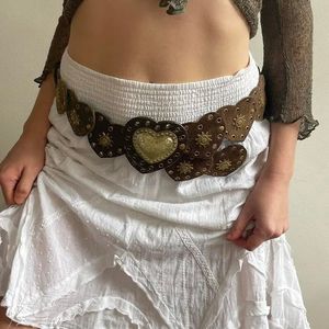 Brown Pinned Belt Y2k Accessories Decorated with White Love Hearts Bohemian Style Retro PU Leather Waist Belt for Girls 240419