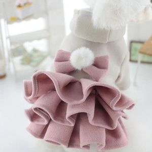 Dog Apparel Pet Clothing With Buttons Stylish Multi-layer Dress Bow-tie Ball Decoration Warm Tweed Skirt For Small Autumn