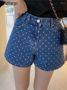 Kvinnors shorts jeans sommar kärlek polka dot tryck mini kvinnor hög midja mode koreansk stil dambyxor lös kvinna denim