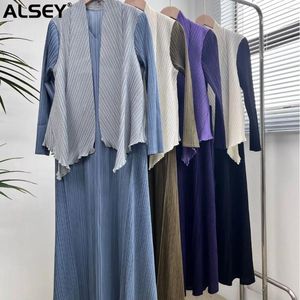 カジュアルドレスAlsey Miyake Pleated Tassel Round Neck Slim Long Sleeve Dress Spring Autum