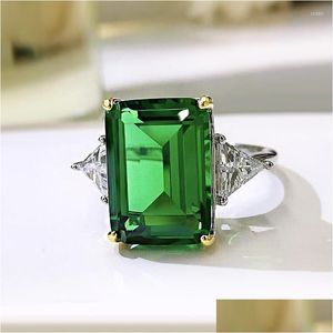 Cluster Rings Creative 925 Sterling Sier Moissanite Big Square 10 14mm Emerald Green Color Ring for Women Fine Jewelry Gift Drop Del Dhera
