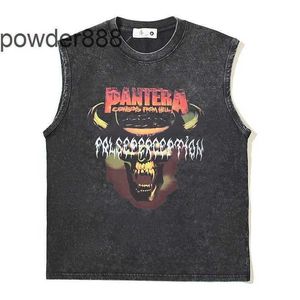 2024 Antique Skull Bull Head Letter Printed Sleeveless T-shirt Washed Old High Street Tank Top