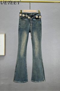 Calça jeans feminina calça de jeans de jeans de sino feminino 2024 Elastic da cintura alta e elástica de outono calças alongadas e alongadas