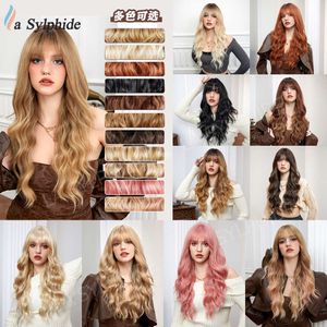 human curly wigs TikTok long curly wig for women with bangs pink brown gradient gold multicolored wig