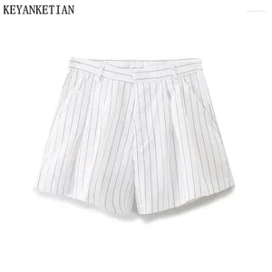 Kvinnors shorts Keyanketian 2024 Lansera randigt mode helt enkelt avslappnad zip-up hög midja fickor breda benbyxor